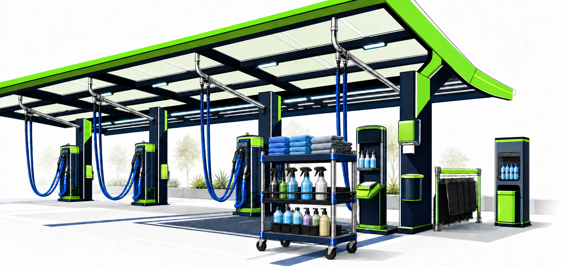 Illustration of a covered Space City finishing area with vacuum hoses, floor-mat equipment, bottled water, and a stocked rolling detail cart